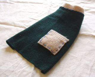 XS green and beige felted wool dog sweater with pocket