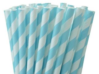 25 Paper Drinking Straws Baby Blue Stripes 7 75 Retro Vintage Style