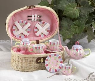 Childrens Tea Set for Pink Cottage Rose Basket Childs Large Sz New