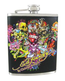 Don Ed Hardy Tattoo Collage Leather Wrapped 7oz Flask