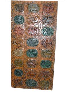 Hand Carved Tribal Carving Wall Panel Birds Animals Colorful Wood Door
