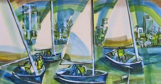 LARGE DUFY ESQUE 50s SAILING WATERCOLOR   SIGNED
