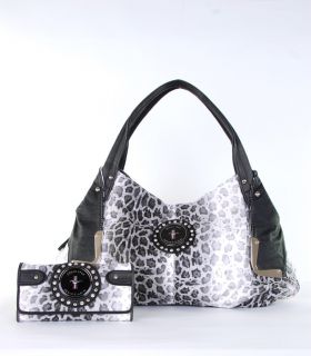 Ford Mustang Shimmer Leopard Print Purse Wallet Set Wht