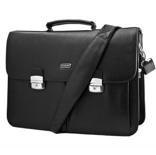 Durable Black Leather Mens Laptop Business Briefcase Messenger