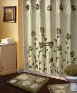 3D Sunflower White Green Shower Curtain Liner Hooks Set