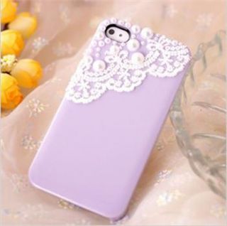 New Purple Cute Lace Deco Bling Pearl Battery Back Case Cover for