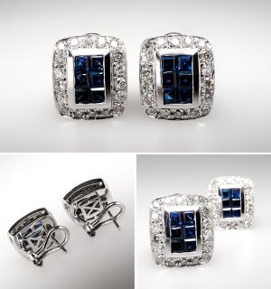 Sapphire Earrings w/ Diamonds Omega Backs Solid 14K White Gold Estate