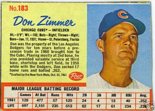 1962 Post 183 Don Zimmer Cubs Yankees Sox