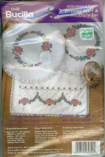   Hearts Flowers Stamped Dresser Scarf Doily Embroidery Set NIP 653