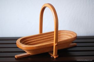 Unique Collapsable Danish Modern Wooden Basket Bowl MCM