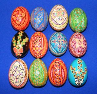 12 Wooden Ukrainian Pysanky Easter Painted Eggs