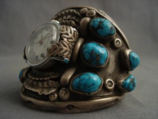 Huge Old Navajo Bisbee Turquoise Silver Watch Bracelet