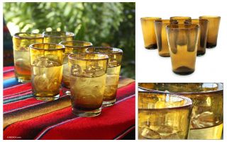 Amber Angles Hand Blown Drinking Glass Set 6 Mexico
