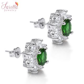  Jewelry Lady Oval Cut Green Emerald White Gold GP Stud Ring Earrings