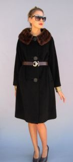 Lux Vtg 50s 60s Black Cashmere Coat Fur Mink Collar Swing L XL Mad Men