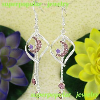 Sparkling Moon Stars Style Crystal Silver Ring Tassel Earring E562P