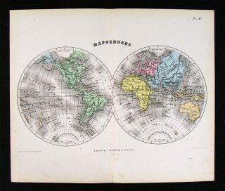 1872 Vuillemin Map World in Hemispheres America Europe