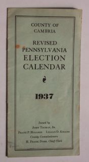 1937 County of Cambria Election Calendar Ebensburg PA