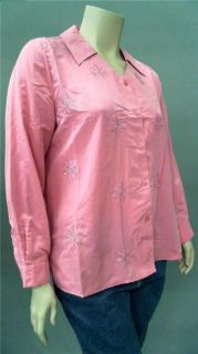  Womens 1x Embroidered Collared Button Down Top Dusty Rose Shirt