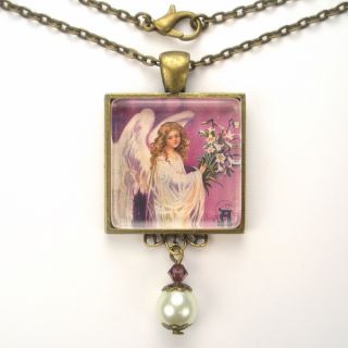 Easter Angel Lily Lilies Art Glass Pendant Necklace Vintage Charm