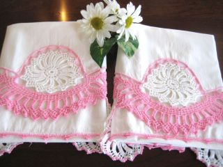 Pair Lavish Pink White Hand Crochet Pinwheels Pillowcases Vintage