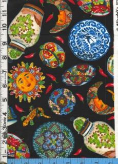 Fabric Elizabeth MEXICAN FIESTA plates pottery chilis Sun Jars