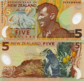 New Zealand New Polmer UNC $5 Sir Edmund Hillary Money