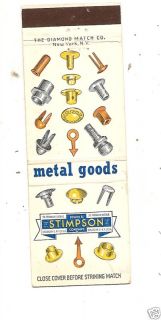 Edwin B Stimpson Co Metal Goods Brooklyn NY Matchbook