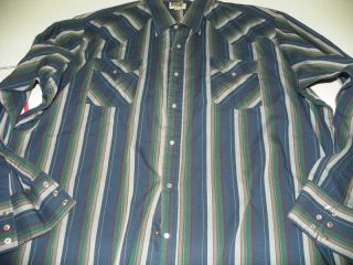 Ely Cattleman Blue Grn Stripe Western Style Dress Shirt 19 5 x 37 XXXL