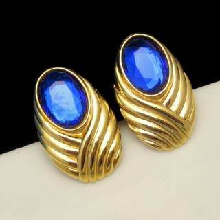 Elizabeth Arden Vintage Earrings Large Blue Glass Stones Rhinestones