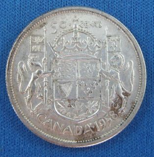 Super 1958 Canada 50 Cents Silver Queen Elizabeth II Coin