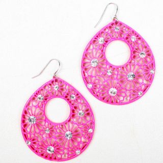  Pink Flower Crystal Rhinestone Tear Drop Dangle Hook Earrings