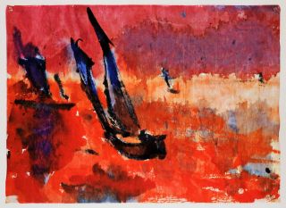 1970 Print Emil Nolde Abstract Watercolor Art Chinese Sailing Ships