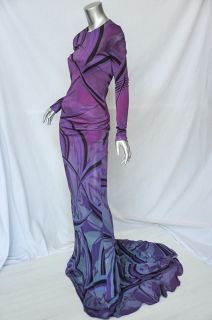 EMILIO PUCCI Swirling Purple *SEXY BACK* Long Sleeve Train Maxi Gown