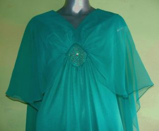 70s Green Gown Glam Formal Dress M Empire Jeweled Cape Goddess