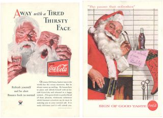 Vtg 1933 Coca Cola Santa Ad Tired Thirsty Face & 1957 Fat Santa Coke