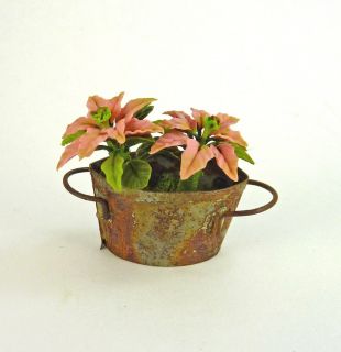 Dollhouse Miniature Artisan Pink Poinsettia in Rusty Planter