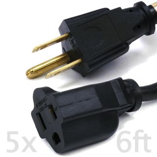 5X 6 ft Power Extension Cord 16AWG Gauge Black Electrical Cable 3