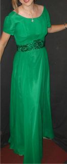  60S GREEN CHIFFON SEQUIN COCKTAIL PARTY DRESS GOWN MAD MEN EMMA DOMB M