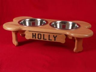 Elevated Raised Dog Feeder Bowl Dish Solid Oak 6 FREE NAME STAIN