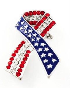  Patriotic USA BROOCH PIN Crystal Epoxy Enamel Silvertone Star Ribbon