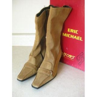 Eric Michael Tan Suede Tall Boots Size 39 8 Heels Buckle Authentic New