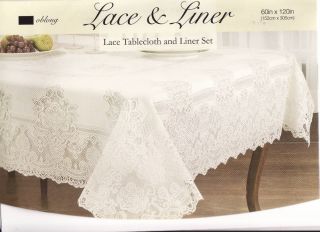 New White Floral Lace Fabric Tablecloth w Liner 60x120