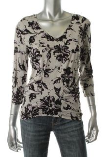 Ellen Tracy New Multi Color Silk Printed V Neck Ruched Blouse Top M