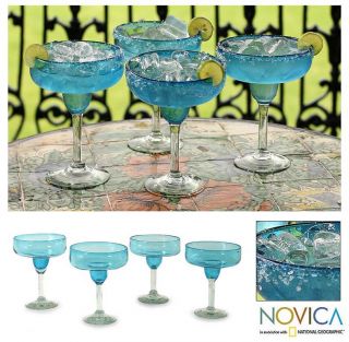 Aqua Blue Hand Blown Margarita Glass Set Mexico Novica