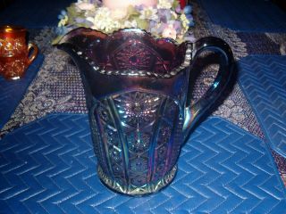 PURPLE AMETHYST CARNIVAL GLASS PITCHER HEIRLOOM PATTERN BY INDIANA