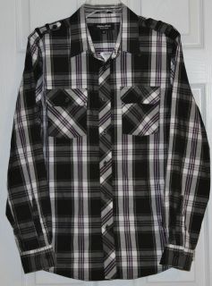 Eighty Eight Young Mens Long Sleeve Black Gray White Plaid Shirt Size