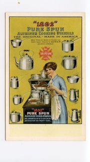 1892 Pure Spun Aluminum Cooking Utensils (Pots, Pans)   Adv Postcard