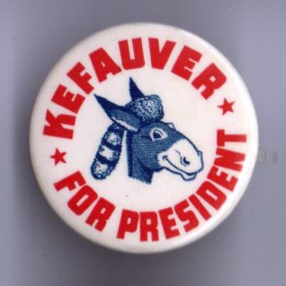 1950s Pin Estes Kefauver for President Pinback Donkey in Coonskin Hat