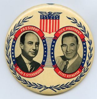 Stevenson   Kefauver 1956 Jugate Presidential Campaign Pin Pinback